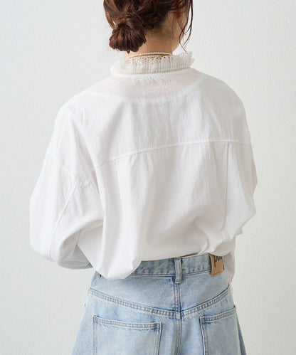 領口袖部褶皺蕾絲襯衫
