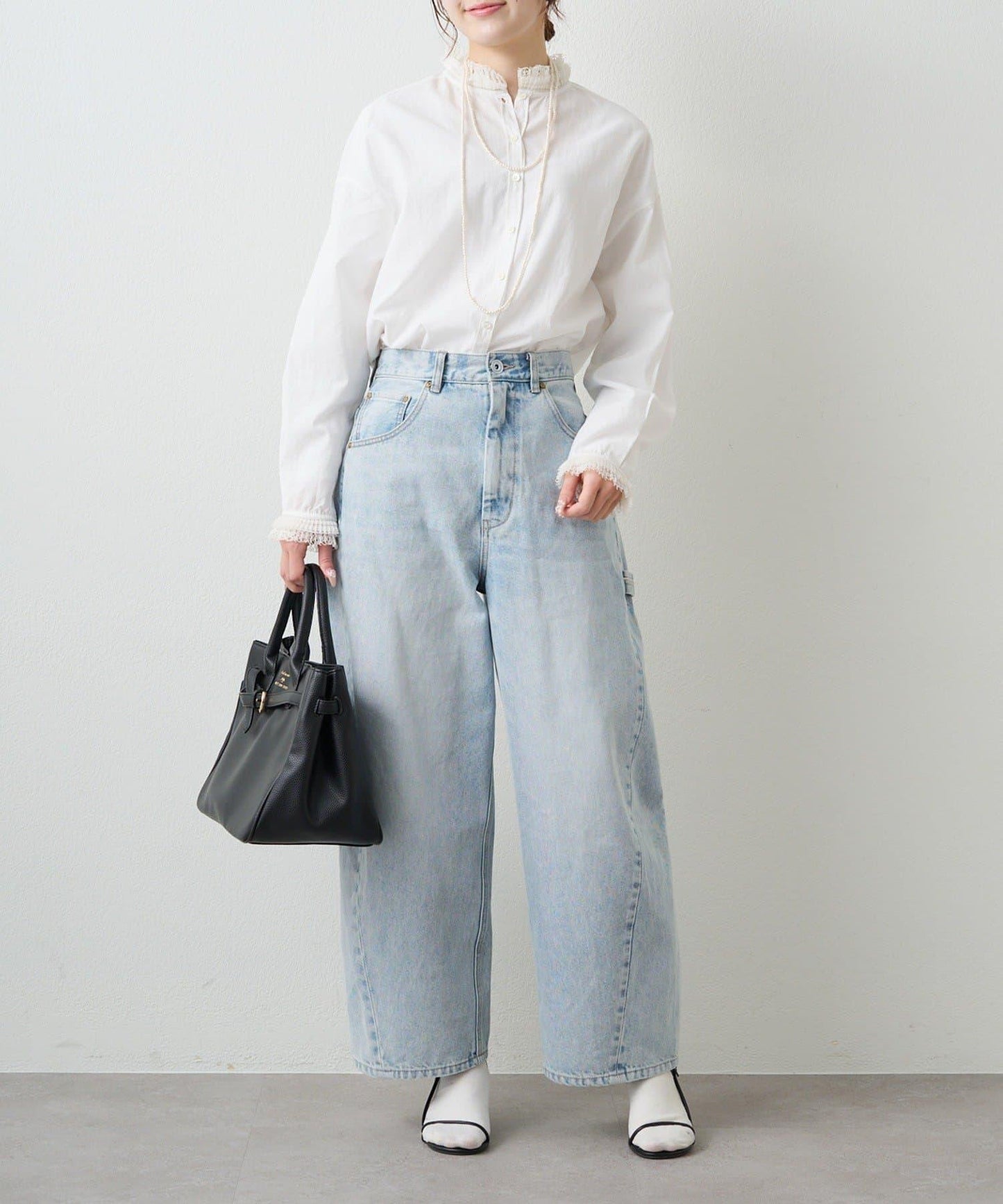 領口袖部褶皺蕾絲襯衫