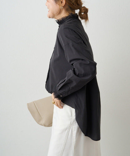 領口袖部褶皺蕾絲襯衫