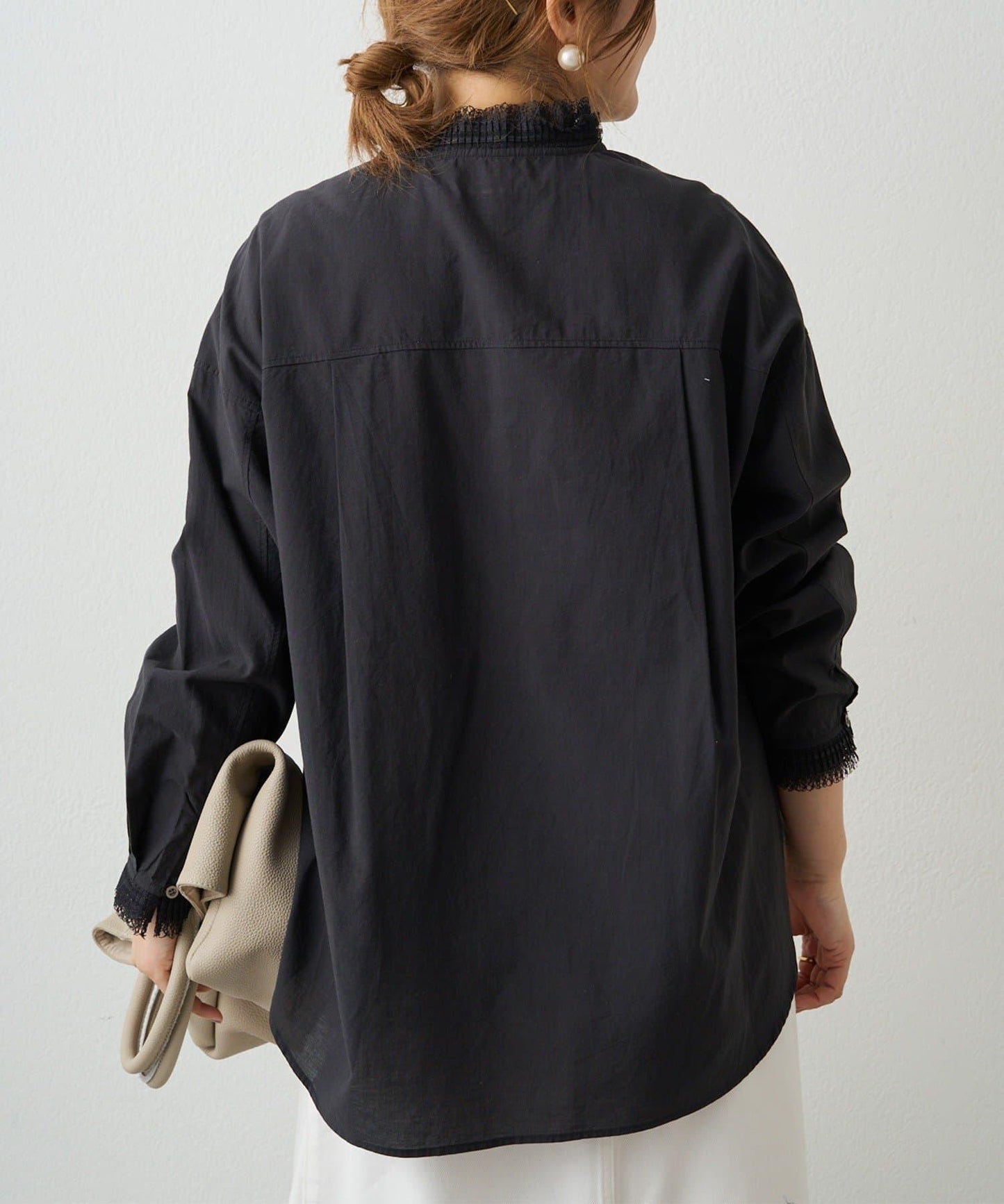 領口袖部褶皺蕾絲襯衫