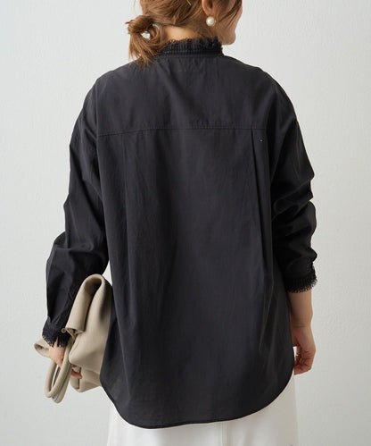 領口袖部褶皺蕾絲襯衫