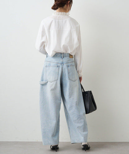 領口袖部褶皺蕾絲襯衫