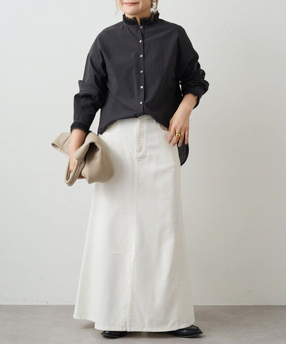 領口袖部褶皺蕾絲襯衫