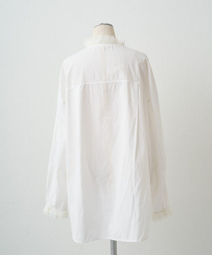 領口袖部褶皺蕾絲襯衫