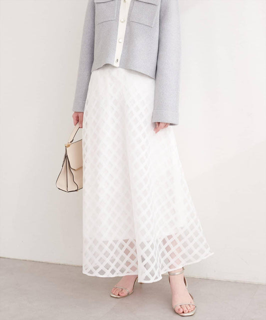 透視格紋斜裁半身裙
