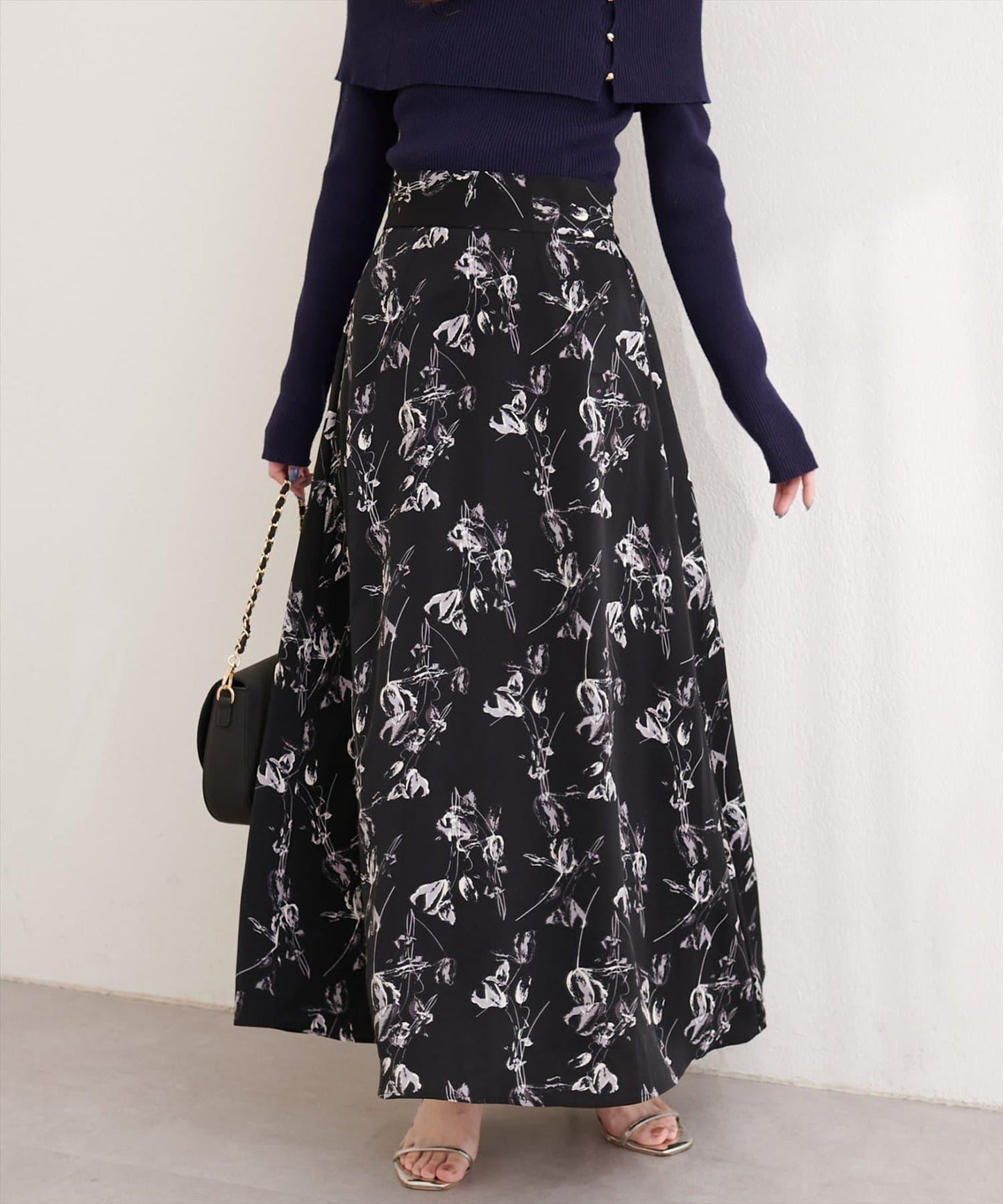 藝術花卉圖案 高腰 傘擺 半身裙