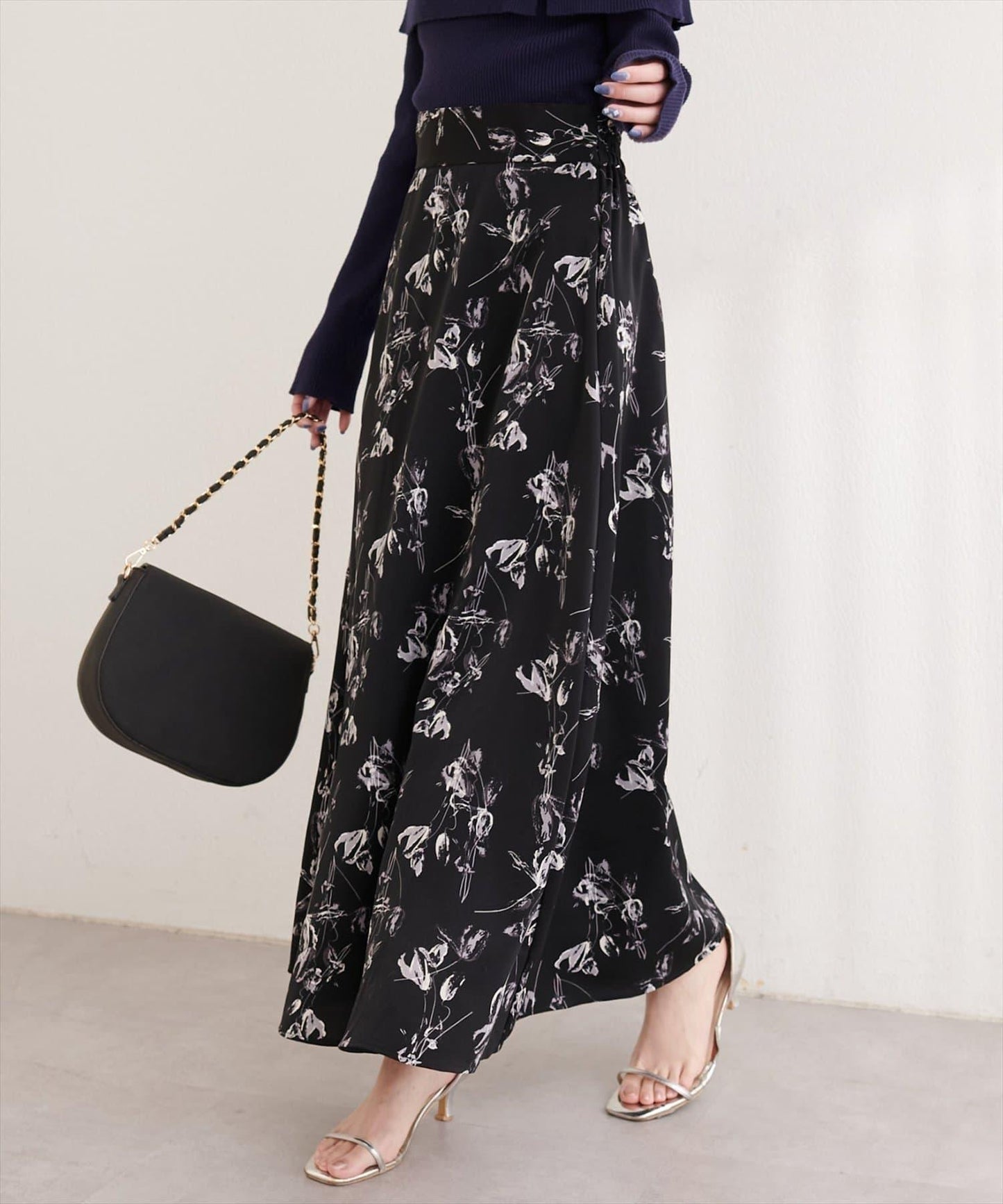 藝術花卉圖案 高腰 傘擺 半身裙