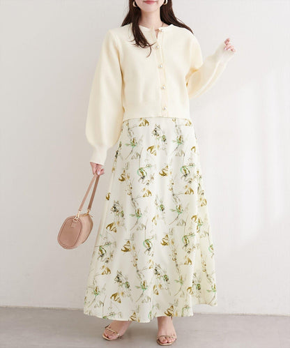 藝術花卉圖案 高腰 傘擺 半身裙
