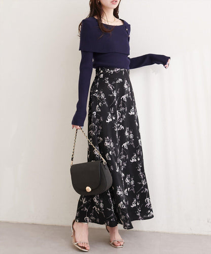 藝術花卉圖案 高腰 傘擺 半身裙