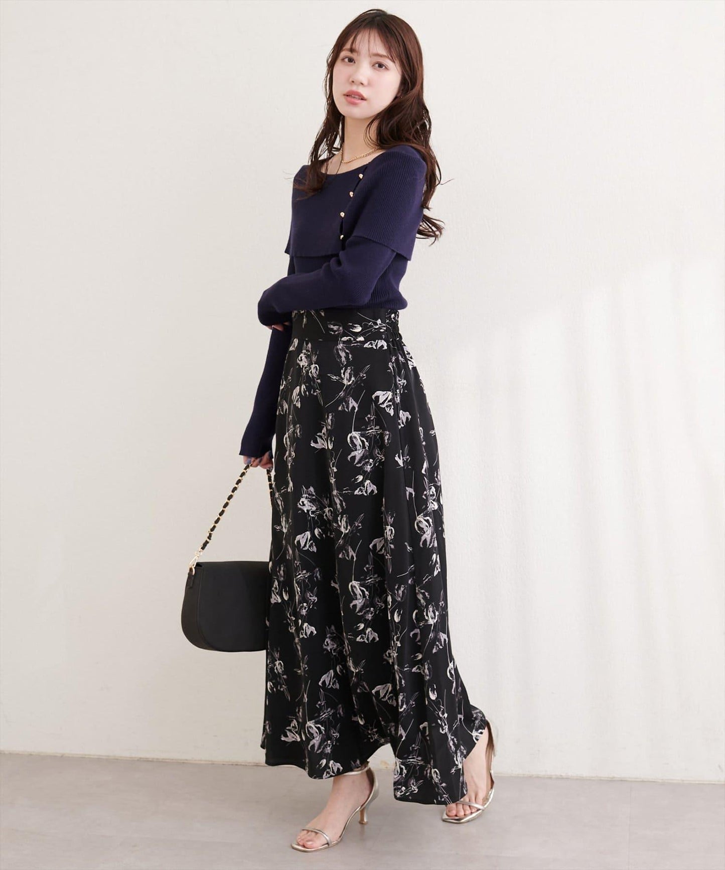 藝術花卉圖案 高腰 傘擺 半身裙