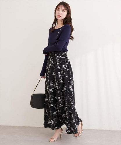 藝術花卉圖案 高腰 傘擺 半身裙