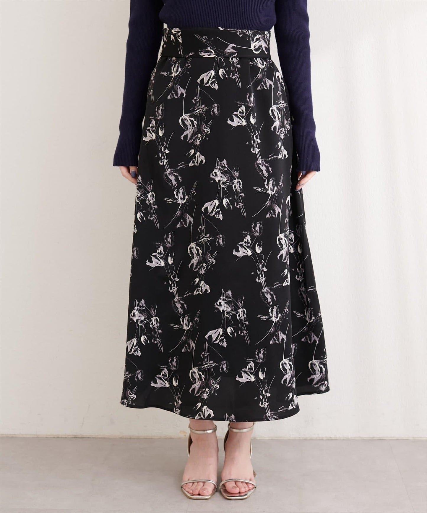 藝術花卉圖案 高腰 傘擺 半身裙