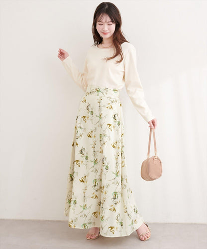 藝術花卉圖案 高腰 傘擺 半身裙