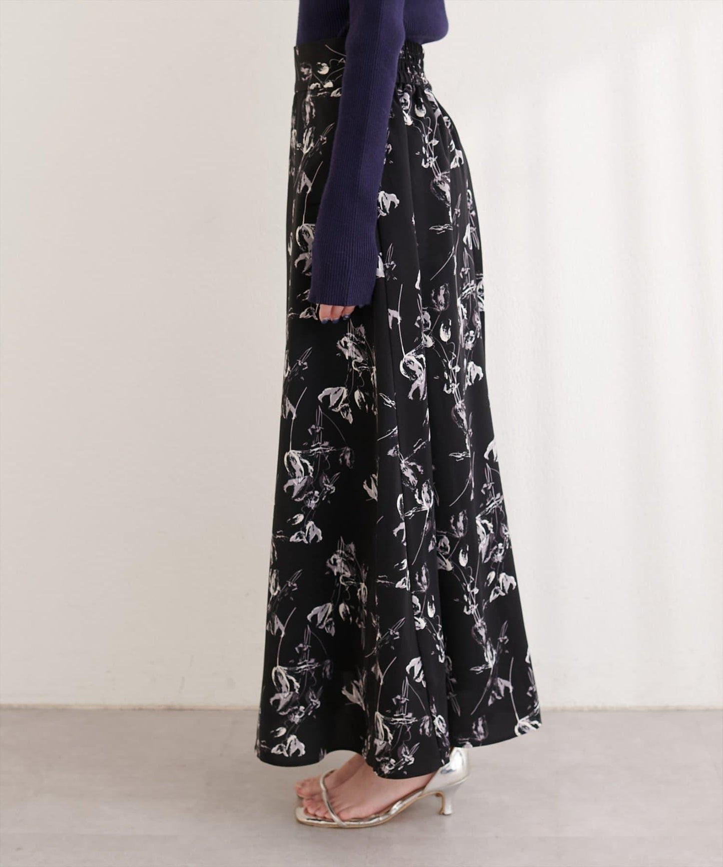 藝術花卉圖案 高腰 傘擺 半身裙