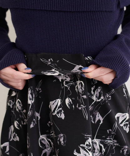 藝術花卉圖案 高腰 傘擺 半身裙