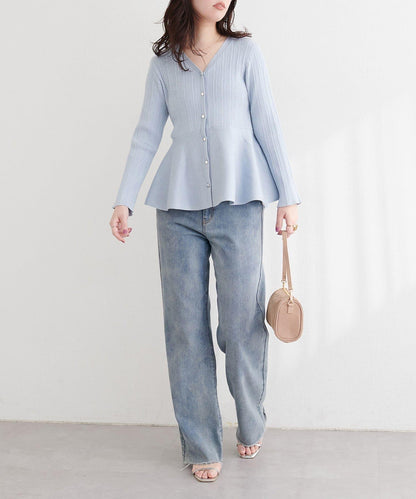 隨機羅紋 V 領 荷葉擺 針織開衫