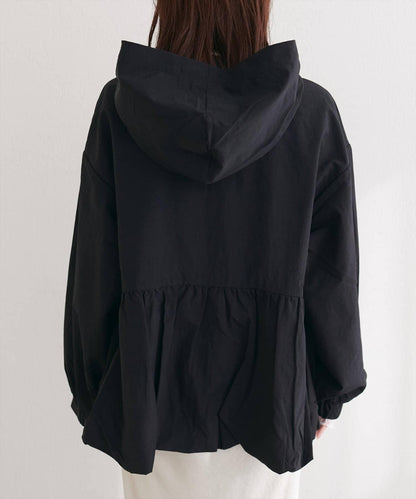 皺感尼龍泡泡廓形荷葉下襬連帽外套