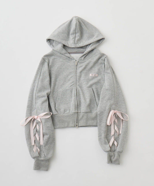 袖部繫帶設計 拉鍊連帽衛衣