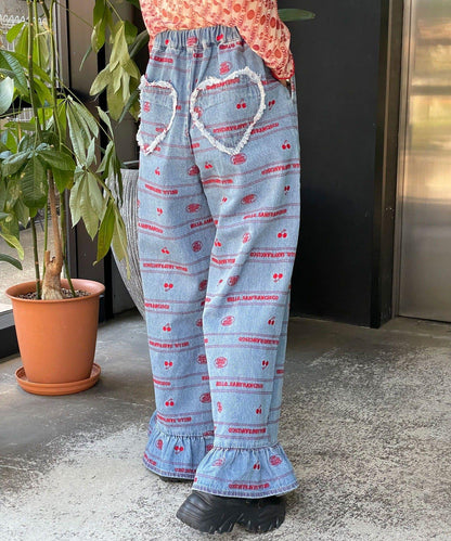 下襬荷葉邊滿版刺繡寬鬆闊腿牛仔褲