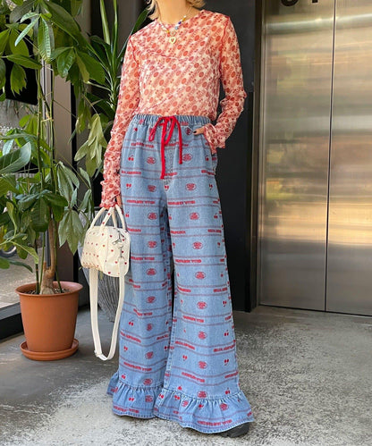 下襬荷葉邊滿版刺繡寬鬆闊腿牛仔褲