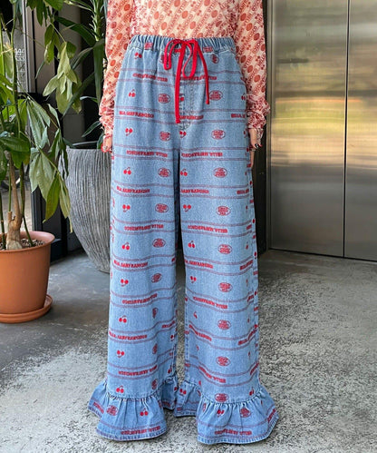 下襬荷葉邊滿版刺繡寬鬆闊腿牛仔褲