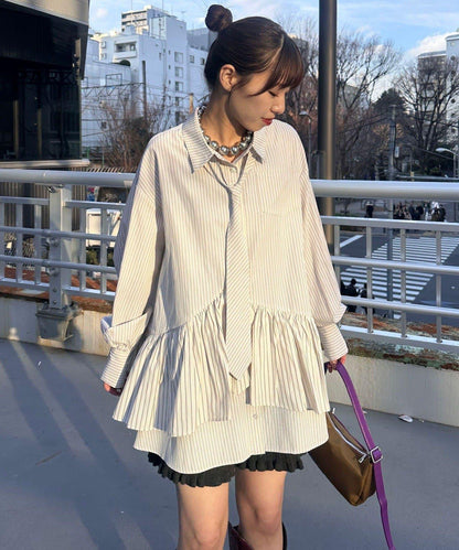 帶領帶 層疊設計 罩衫襯衫連衣裙