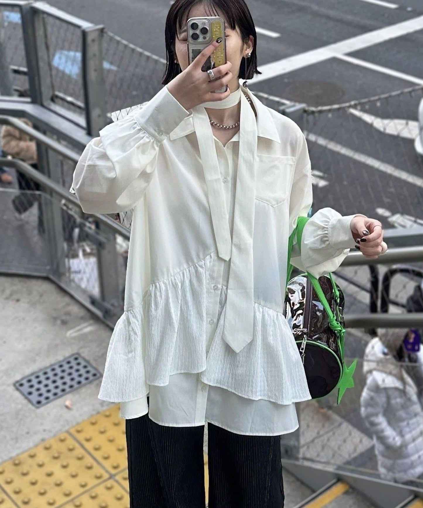 帶領帶 層疊設計 罩衫襯衫連衣裙