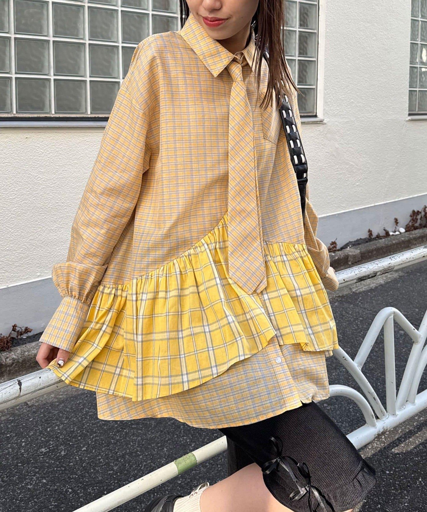 帶領帶 層疊設計 罩衫襯衫連衣裙