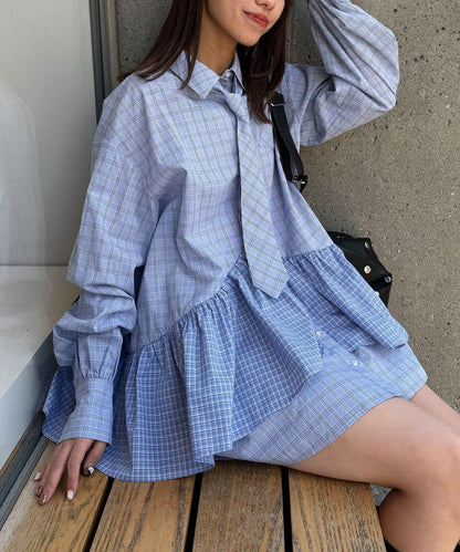 帶領帶 層疊設計 罩衫襯衫連衣裙