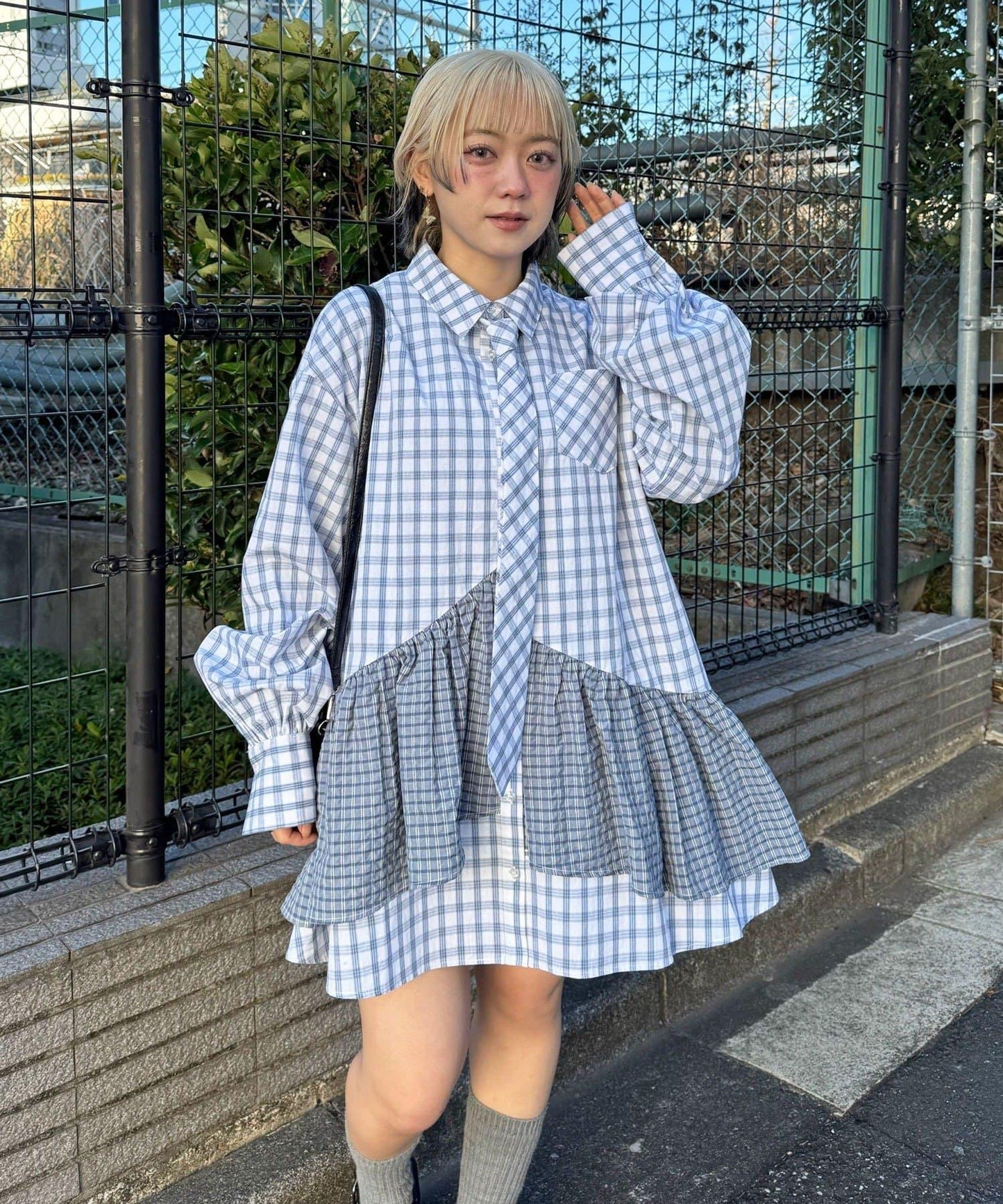 帶領帶 層疊設計 罩衫襯衫連衣裙