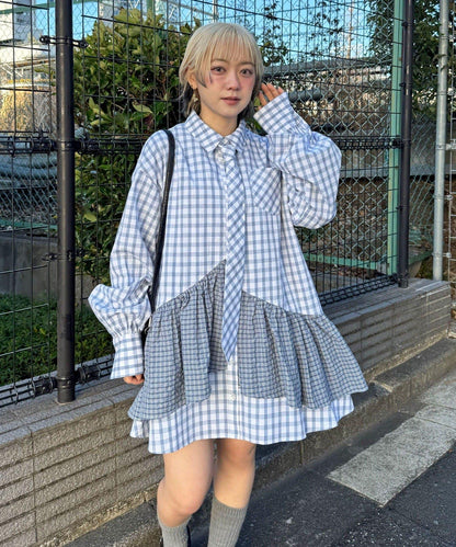 帶領帶 層疊設計 罩衫襯衫連衣裙