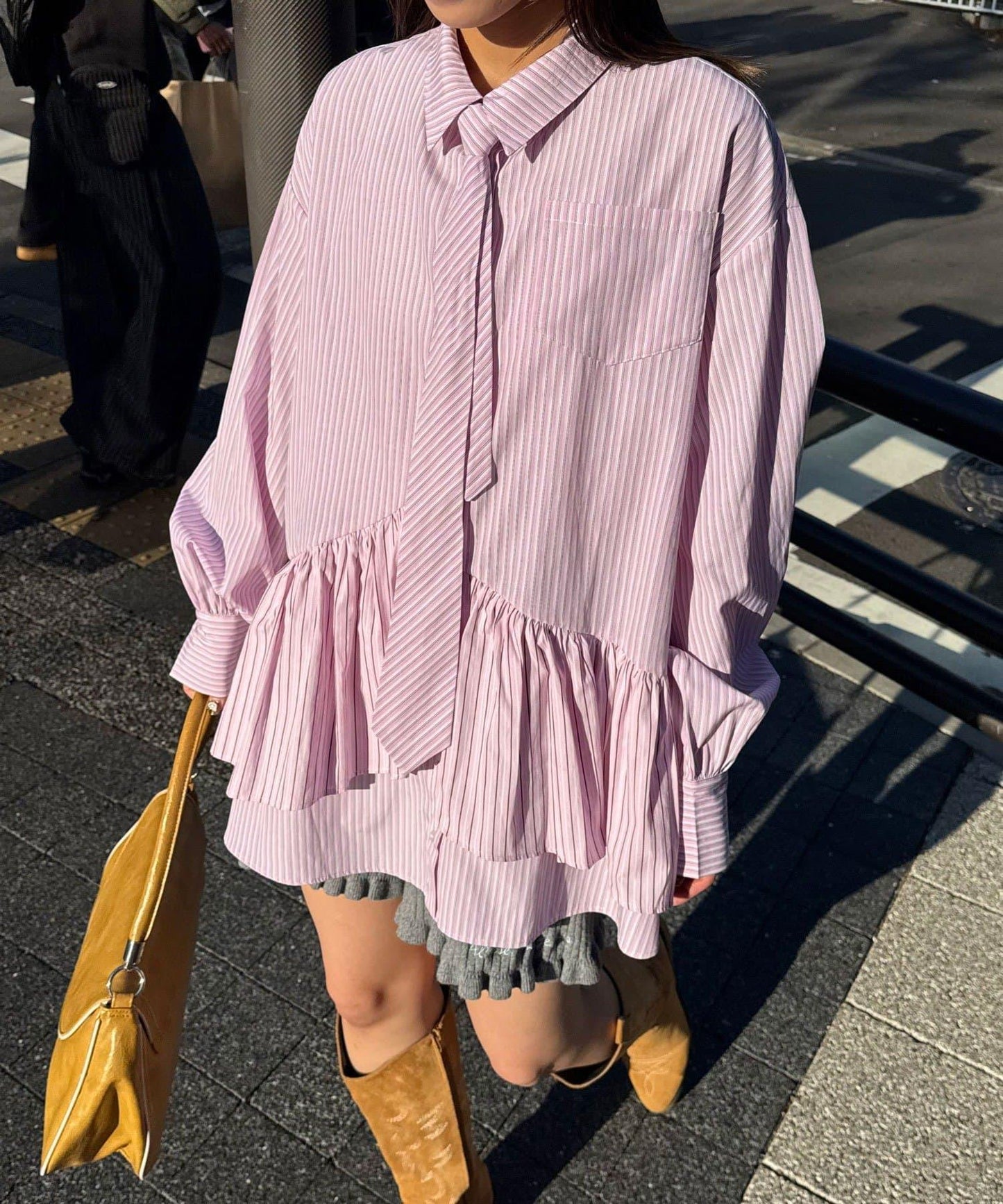 帶領帶 層疊設計 罩衫襯衫連衣裙