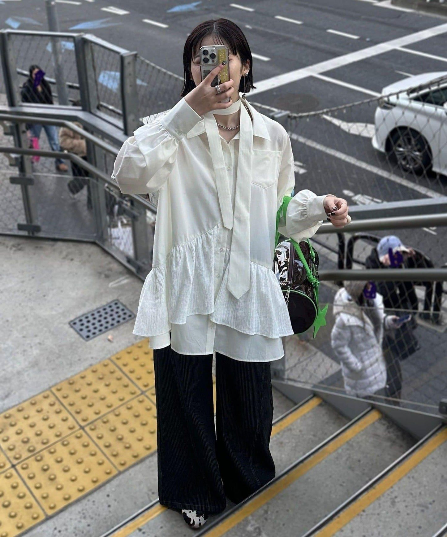 帶領帶 層疊設計 罩衫襯衫連衣裙