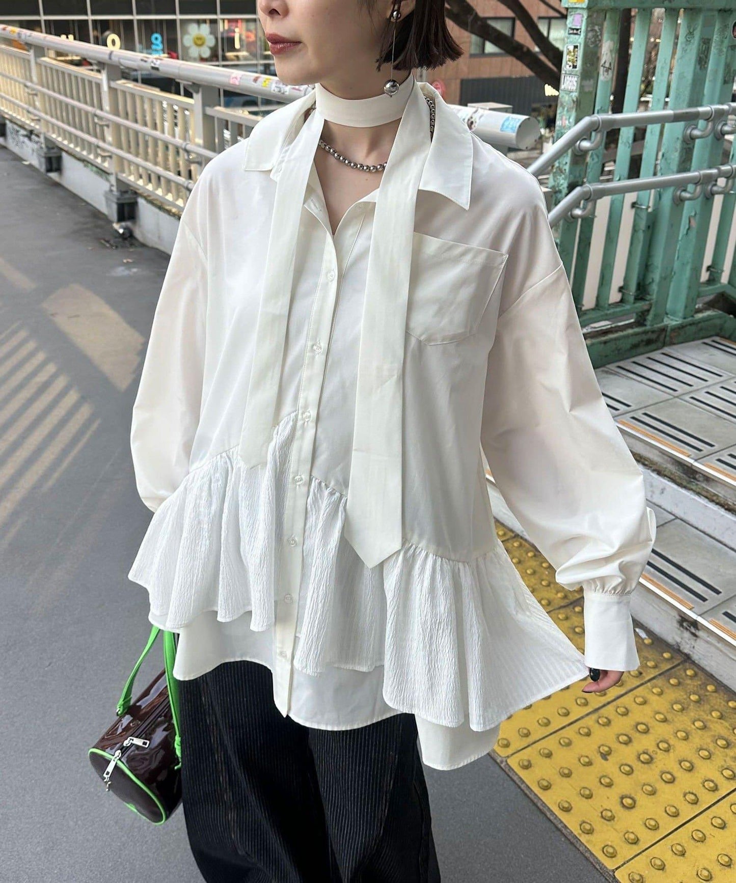 帶領帶 層疊設計 罩衫襯衫連衣裙