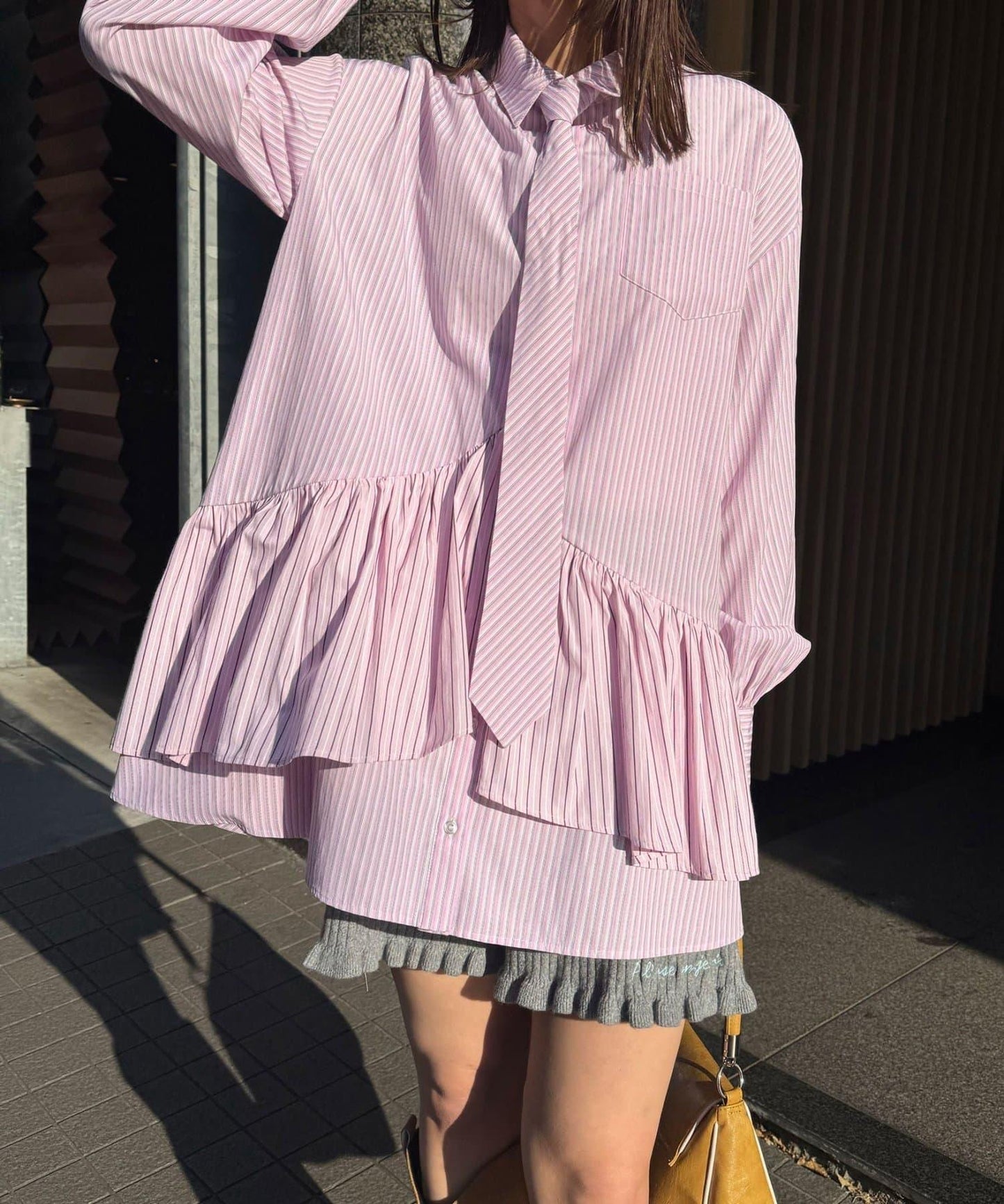 帶領帶 層疊設計 罩衫襯衫連衣裙