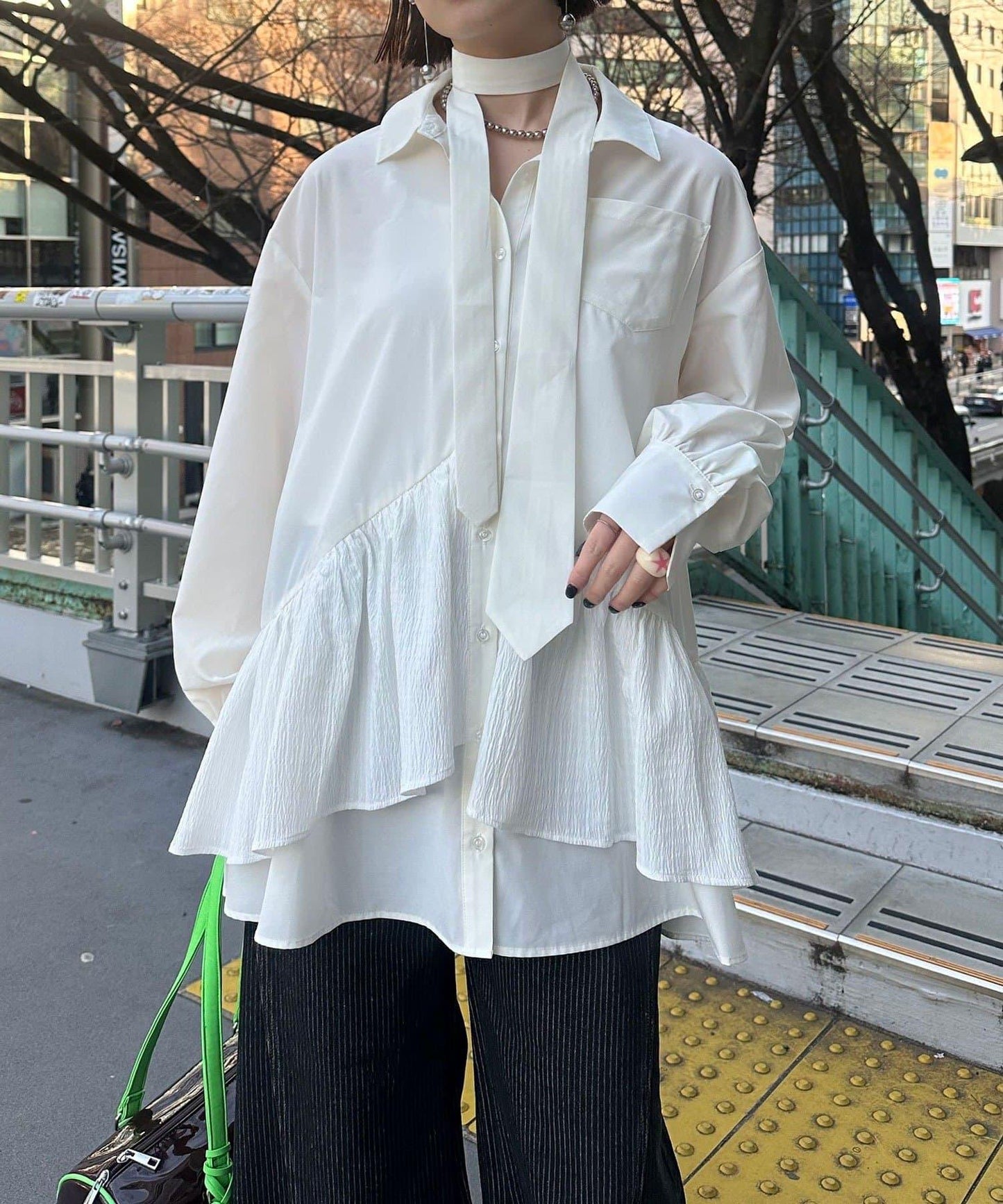 帶領帶 層疊設計 罩衫襯衫連衣裙