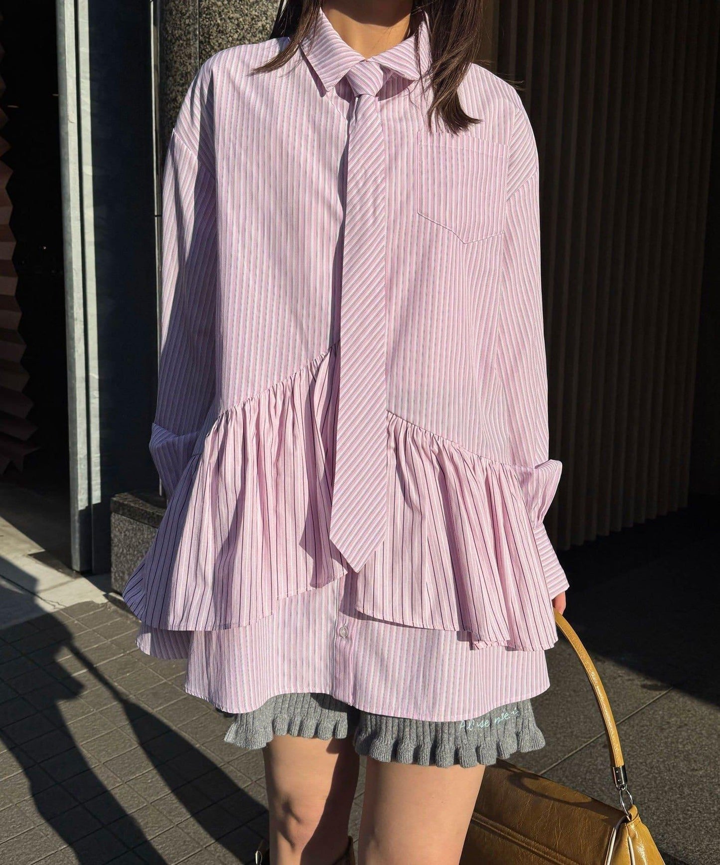 帶領帶 層疊設計 罩衫襯衫連衣裙