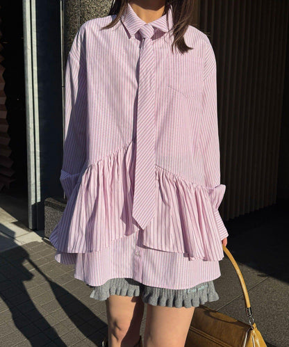帶領帶 層疊設計 罩衫襯衫連衣裙
