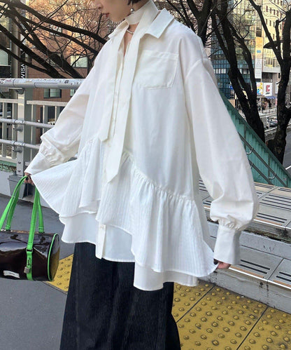 帶領帶 層疊設計 罩衫襯衫連衣裙
