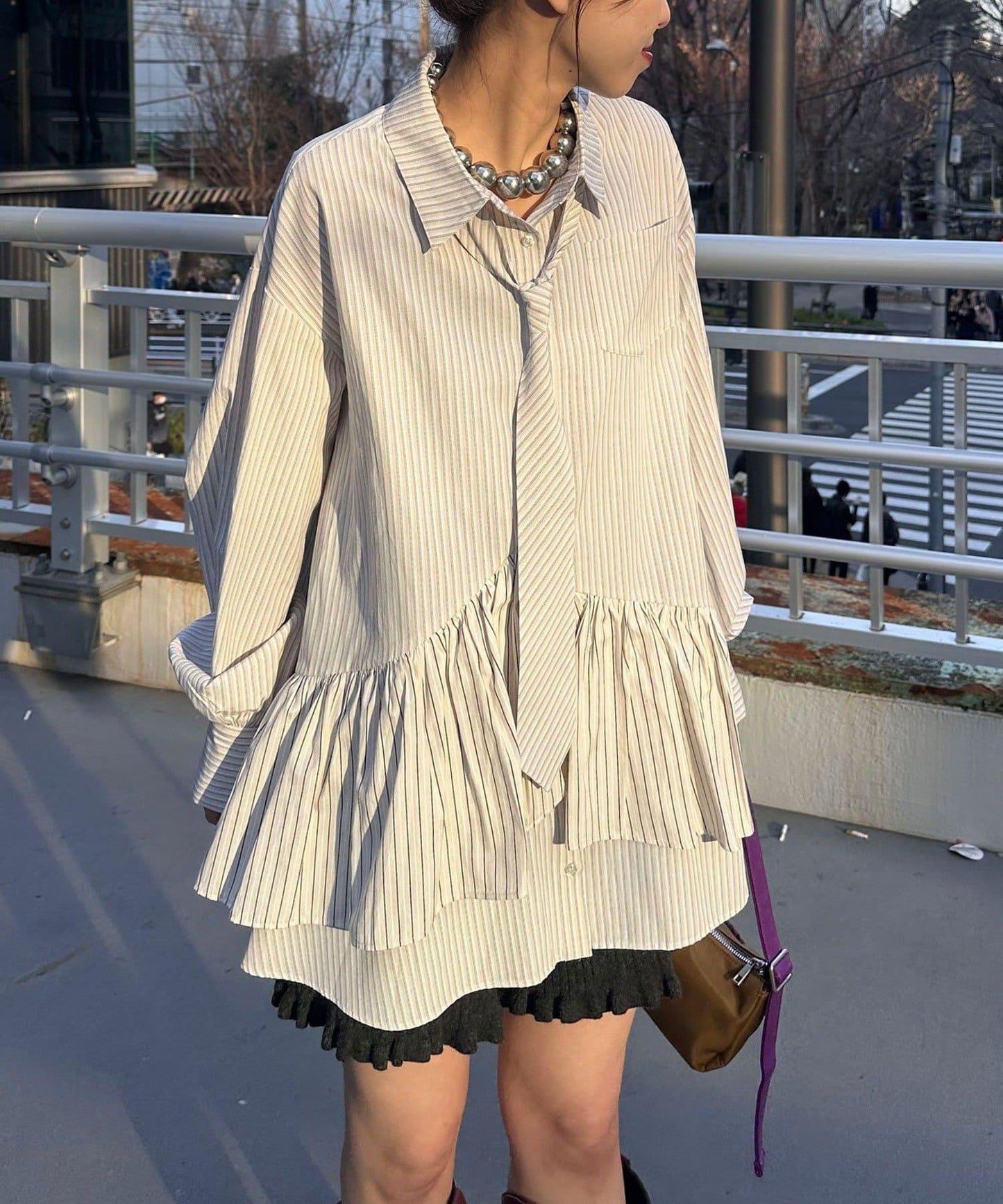 帶領帶 層疊設計 罩衫襯衫連衣裙