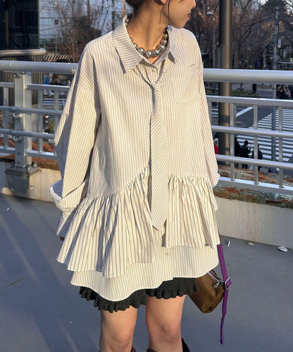 帶領帶 層疊設計 罩衫襯衫連衣裙