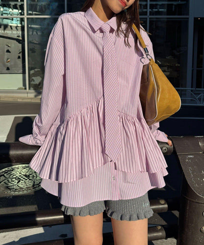 帶領帶 層疊設計 罩衫襯衫連衣裙