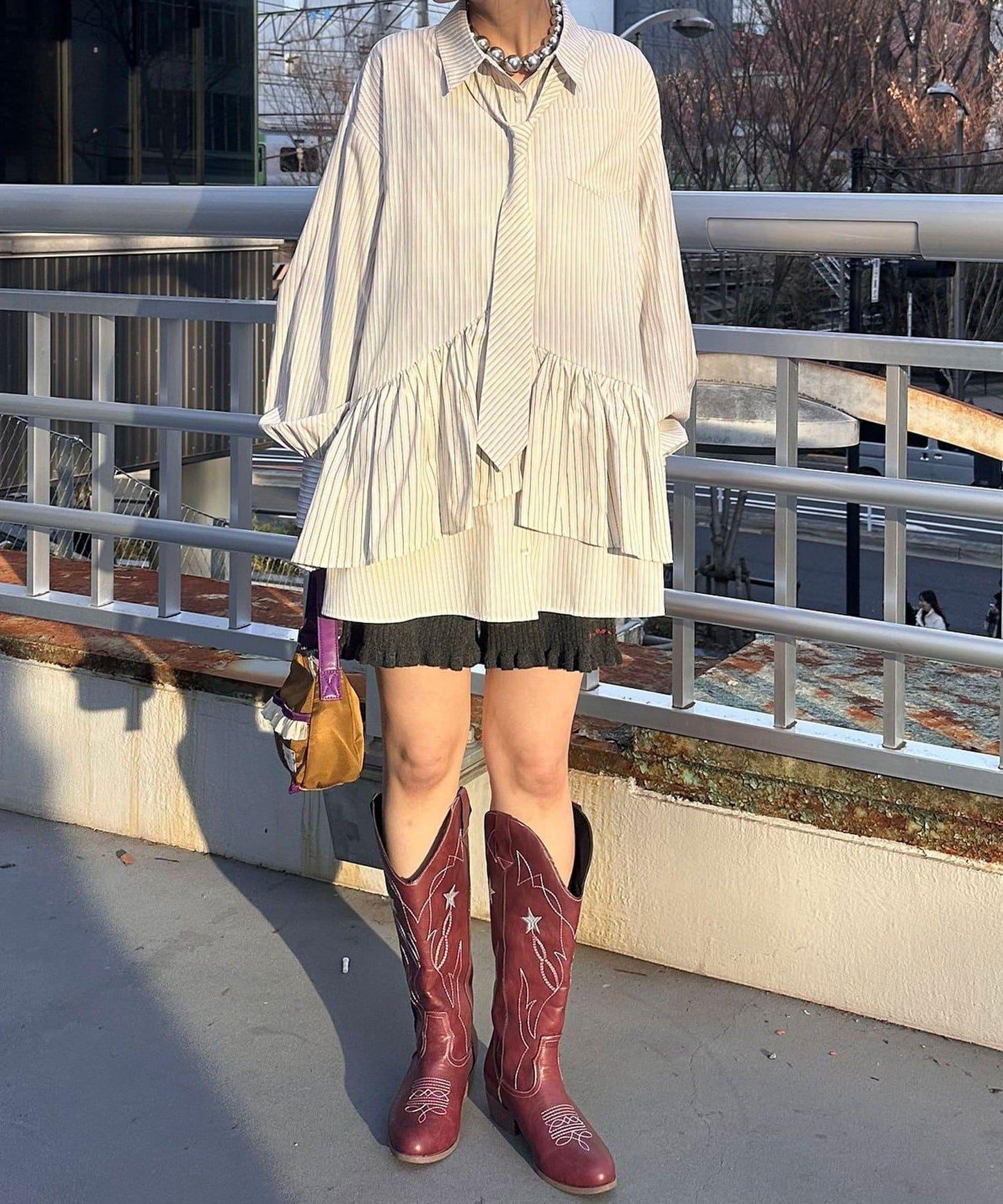 帶領帶 層疊設計 罩衫襯衫連衣裙