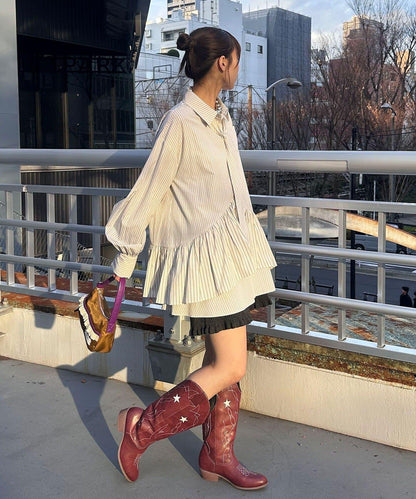 帶領帶 層疊設計 罩衫襯衫連衣裙