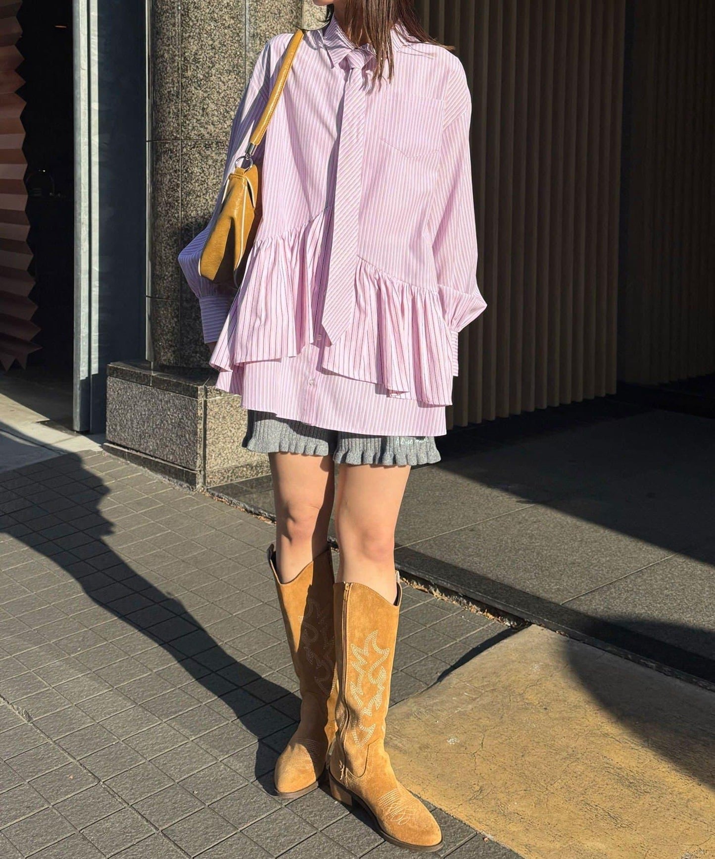 帶領帶 層疊設計 罩衫襯衫連衣裙