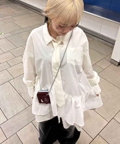 帶領帶 層疊設計 罩衫襯衫連衣裙