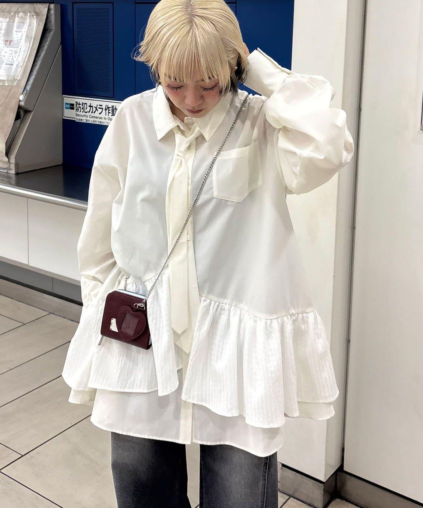 帶領帶 層疊設計 罩衫襯衫連衣裙