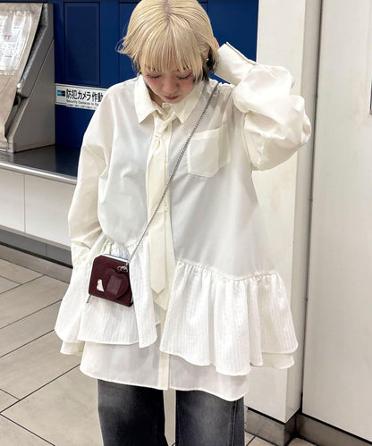 帶領帶 層疊設計 罩衫襯衫連衣裙