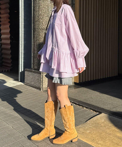 帶領帶 層疊設計 罩衫襯衫連衣裙