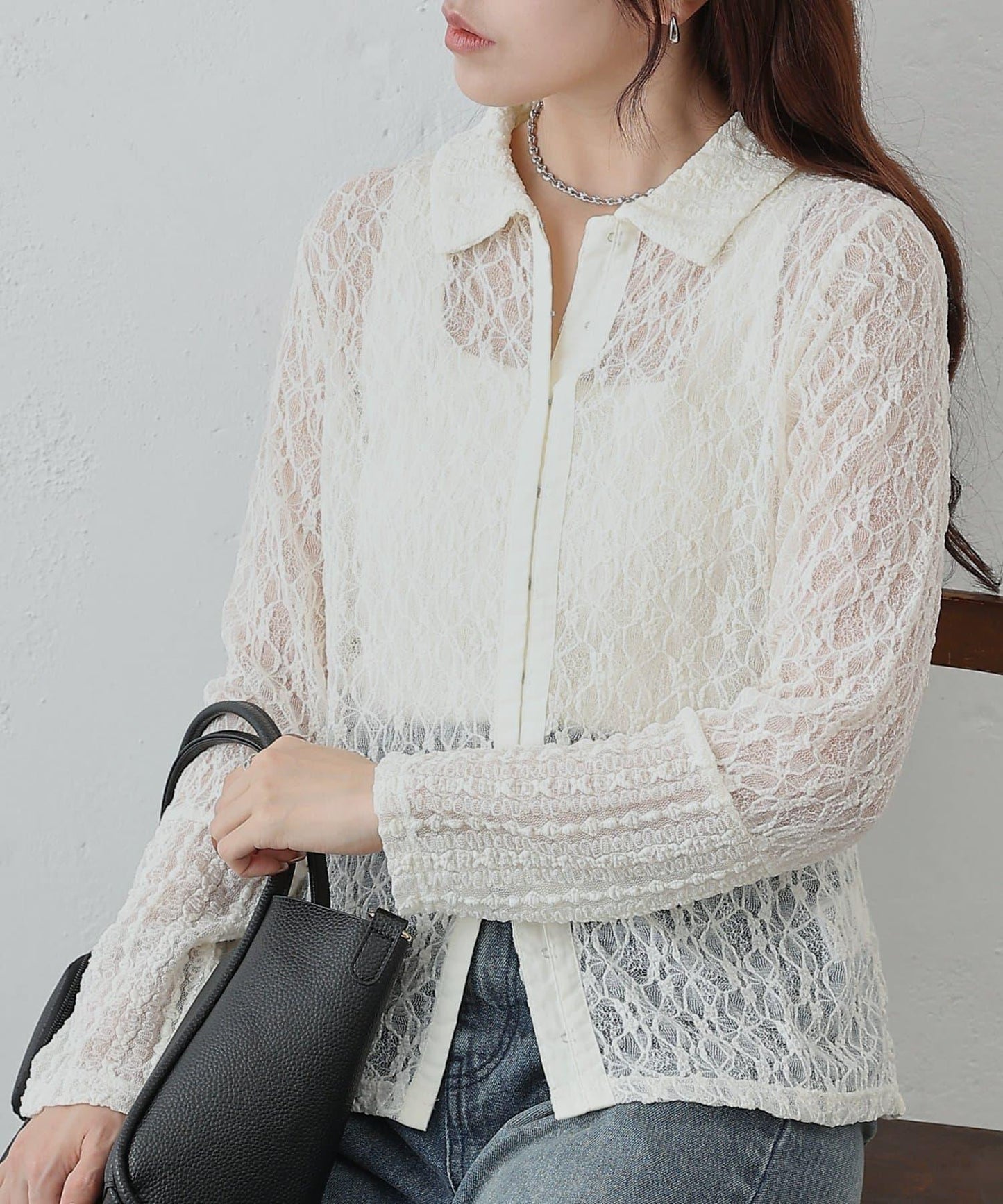 蕾絲拼接 前門襟排扣 針織開衫